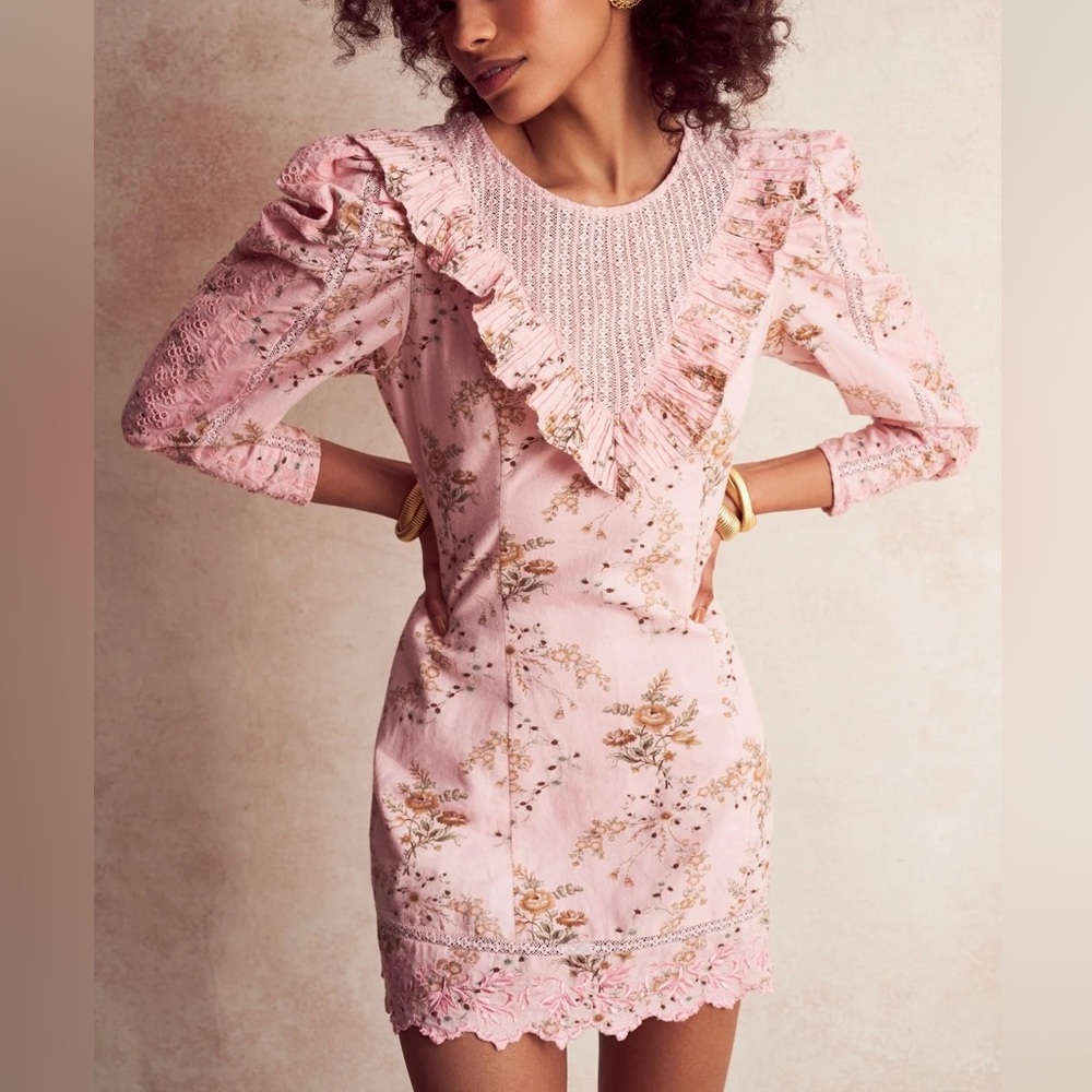 LoveShackFancy Cedella Mini Dress Honey Dew Pink Long Sleeve Puff Lace Ruffle